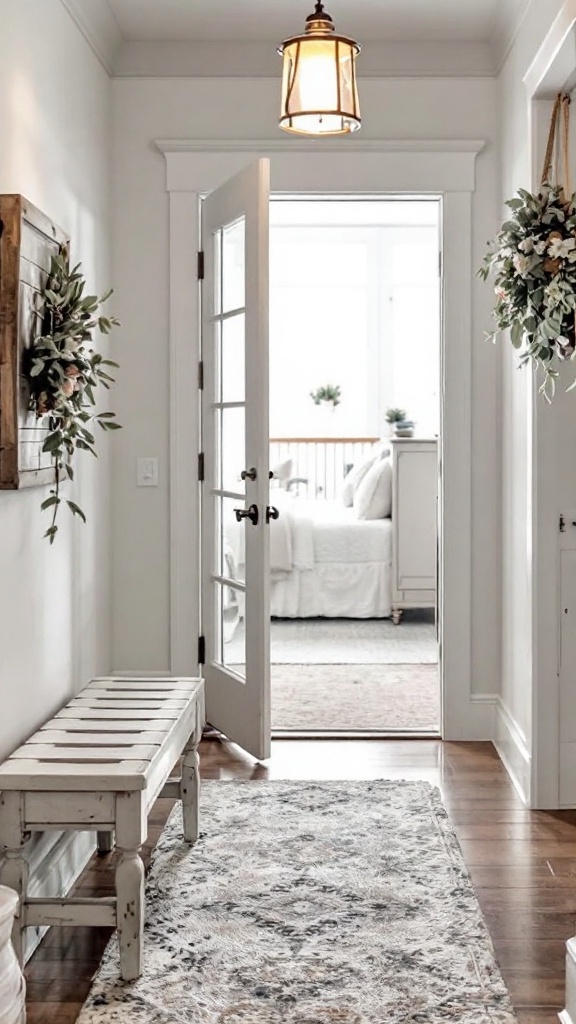 A bright and inviting entryway featuring a bench, decorative plants, and a view into a cozy living area.