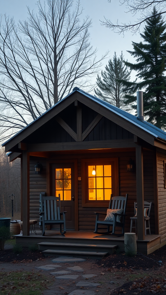 A tiny cabin with a warm-lit porch, featuring rocking chairs and a pathway surrounded by trees.