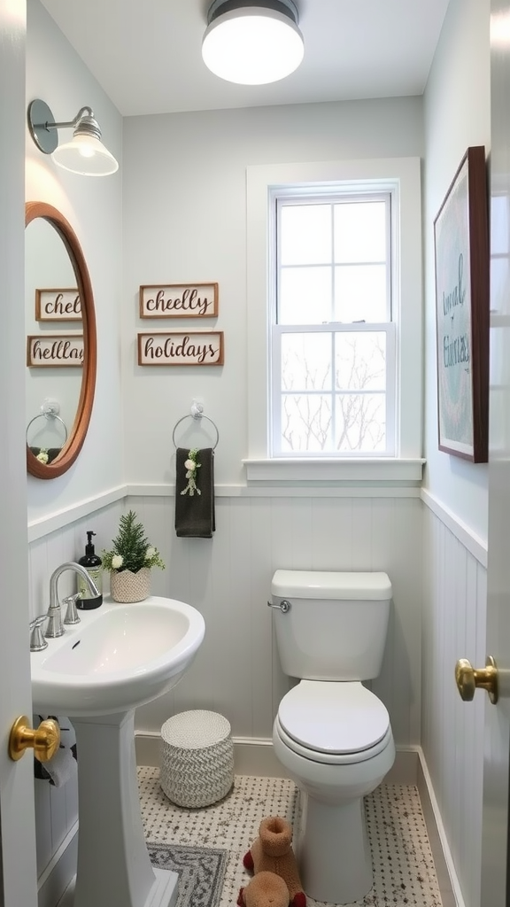 A cozy bathroom decorated for Christmas with cheerful signage and festive elements.