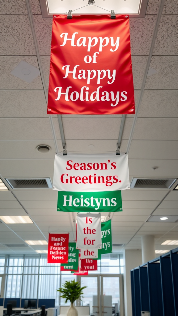 Colorful holiday banners displaying messages of joy and greetings in an office setting.