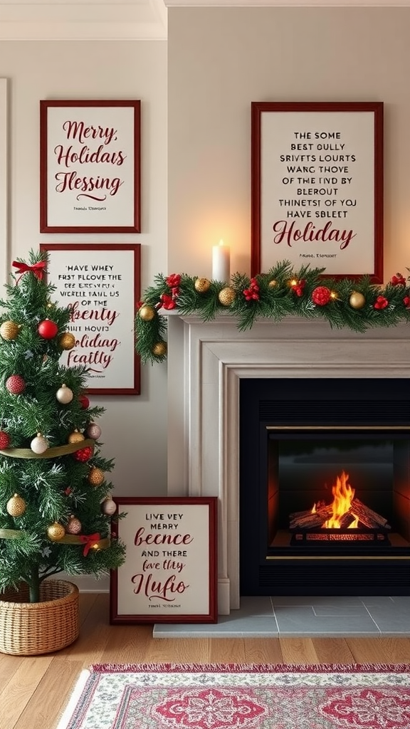 A cozy holiday setting featuring framed quotes, a decorated Christmas tree, and a glowing fireplace.