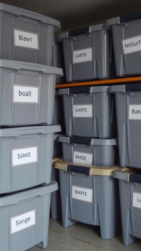 Organized gray storage bins with labels in a garage.