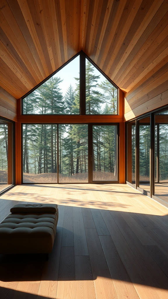 Interior of a modern cabin featuring large windows and wooden elements.