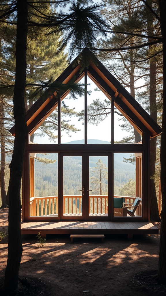 A tiny cabin with large windows surrounded by trees and mountains.