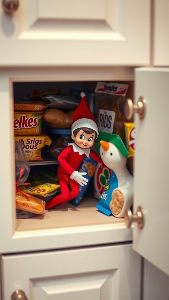 A playful elf doll sitting in a pantry surrounded by snacks.