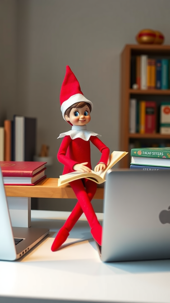 A cheerful elf doll reading a book while sitting between two laptops on a study desk.