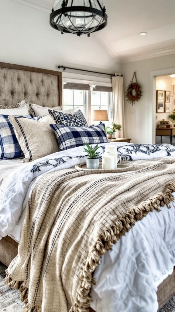 A beautifully arranged layered bed with various textures and patterns in a farmhouse style bedroom.