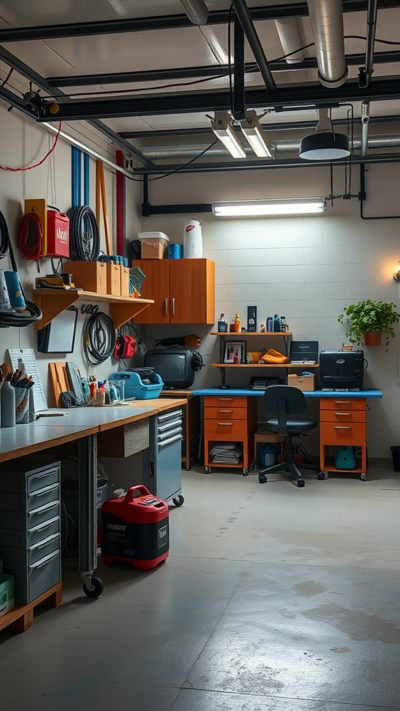 A well-organized small garage workshop with bright overhead lights and workstations.