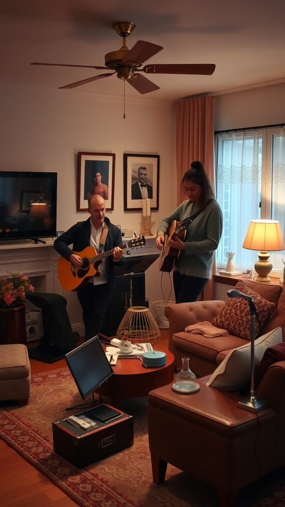 Two musicians playing guitars in a cozy living room setting.