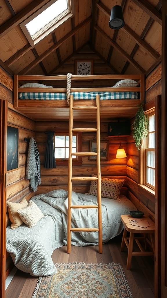 A cozy small cabin interior featuring a lofted sleeping area with a wooden ladder.