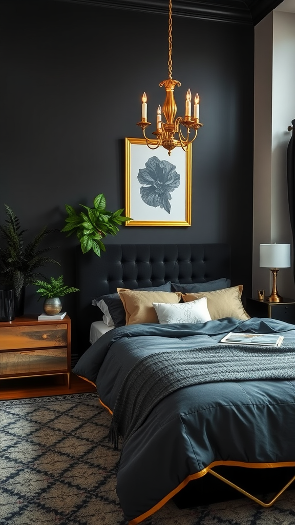 A romantic black and gold bedroom featuring dark walls, gold accents, and lush greenery.