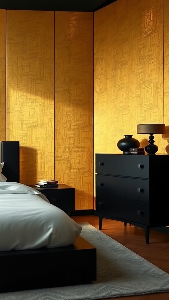 A luxurious black and gold themed bedroom featuring a black bed, dresser, and nightstand against a golden wall.