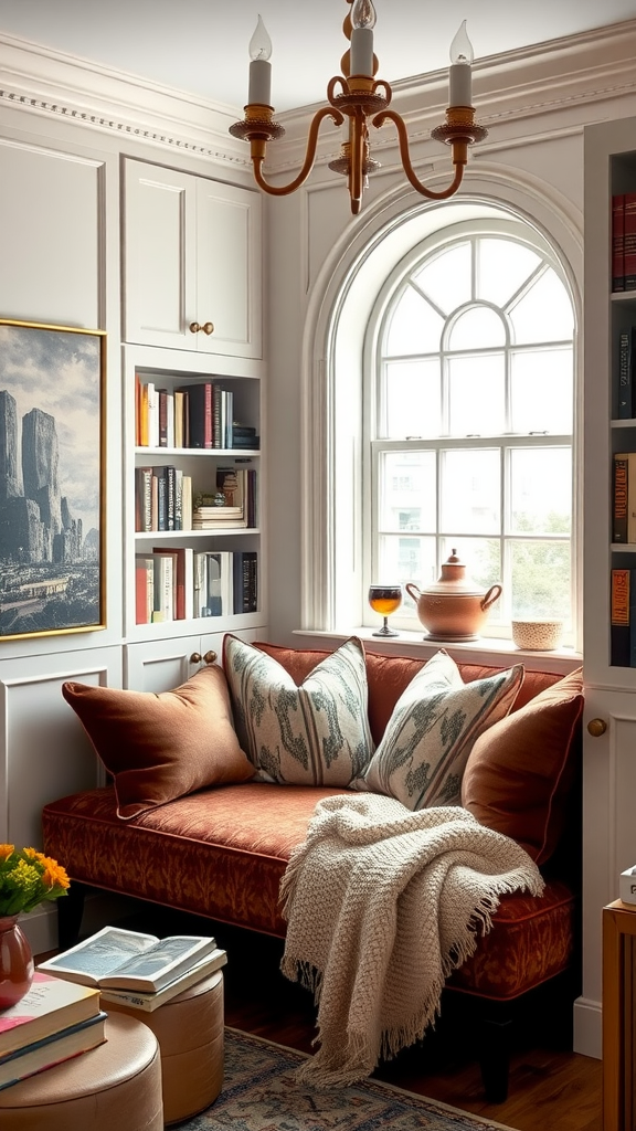 Cozy reading nook with plush cushions and a blanket by a window