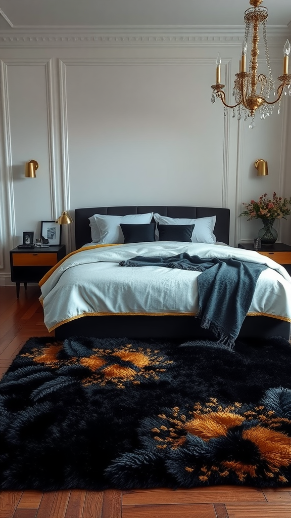 A luxurious black and gold bedroom featuring a plush area rug with intricate patterns.