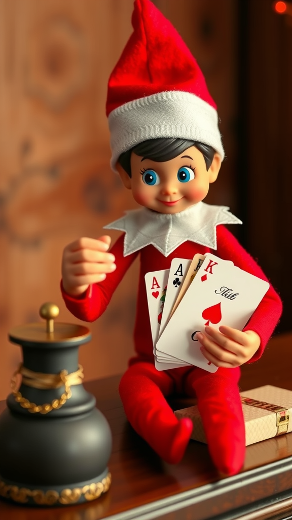 An elf doll sitting at a table, holding playing cards with a festive background.