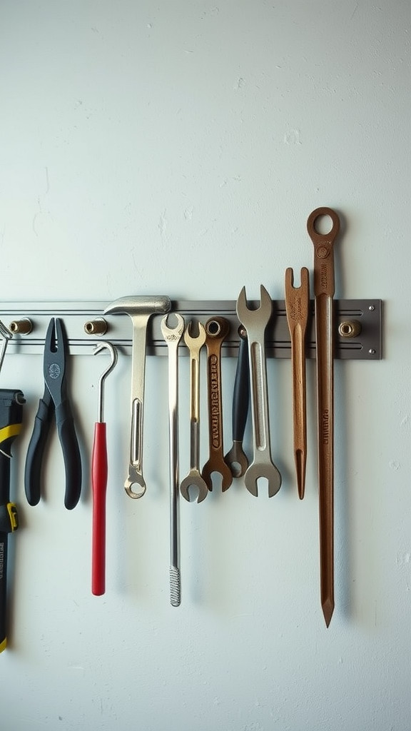 A wall-mounted magnetic strip holding various metal tools.