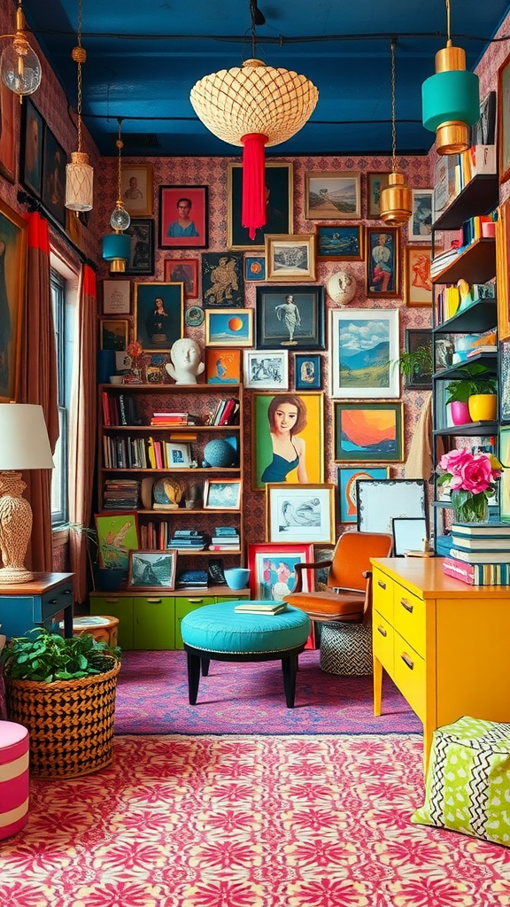 A colorful and eclectic room filled with various art pieces and vibrant furniture.