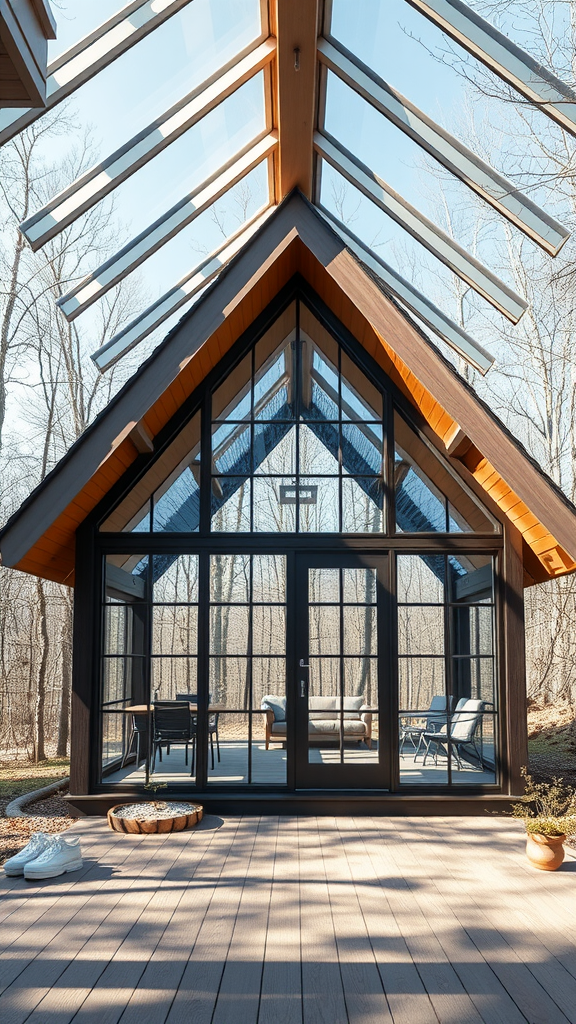 Interior view of a modern small cabin with large windows and a skylight, surrounded by trees.