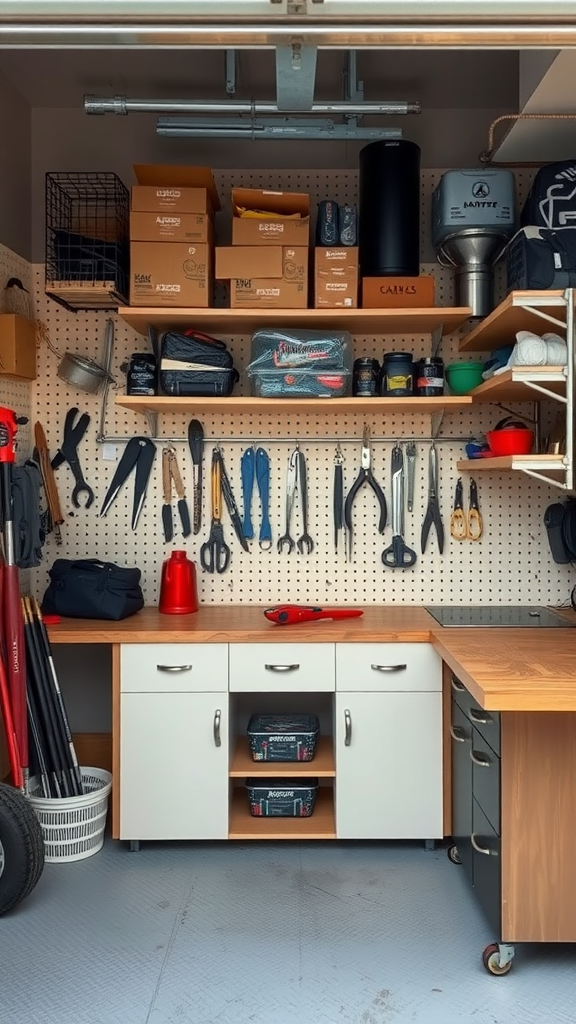 A well-organized tiny garage workshop with tools hanging on a pegboard and shelves for storage.