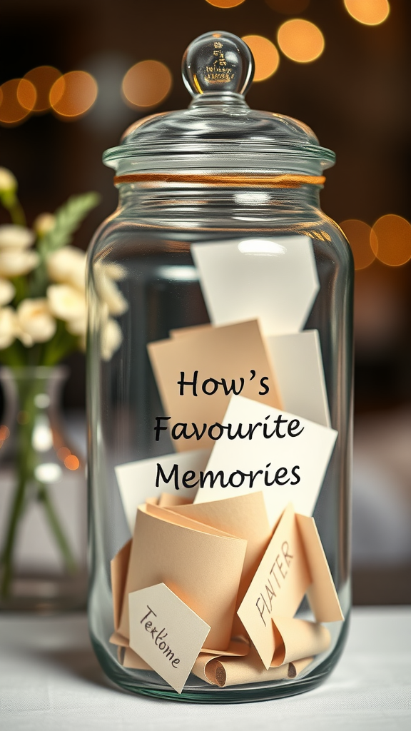 A glass jar filled with rolled paper notes, labeled 'How's Favourite Memories'.