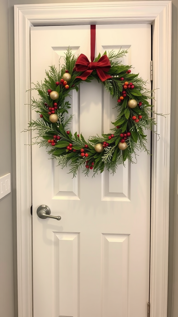 A decorative Christmas wreath with greenery, red berries, and a red bow hanging on a white door.