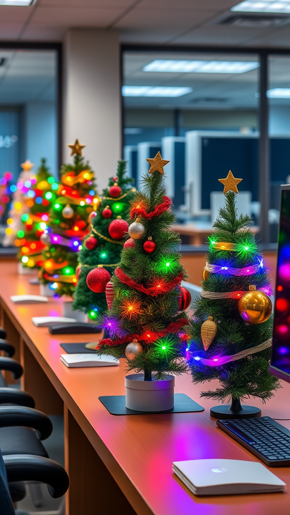 A row of colorful miniature Christmas trees with lights and ornaments on a table in an office.