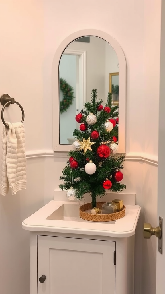 A small Christmas tree decorated with red and white ornaments on a vanity.