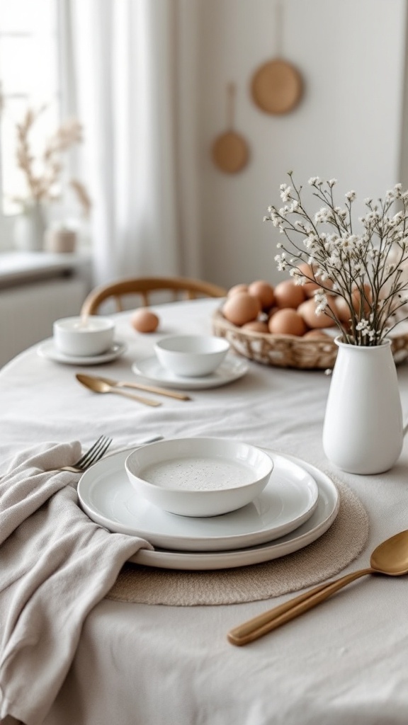 A beautifully set table featuring minimalistic white dishware, a soft tablecloth, golden utensils, and a basket of eggs.