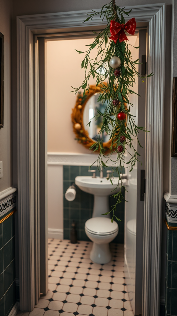 Decorative mistletoe with red bow and ornaments hanging above a door.