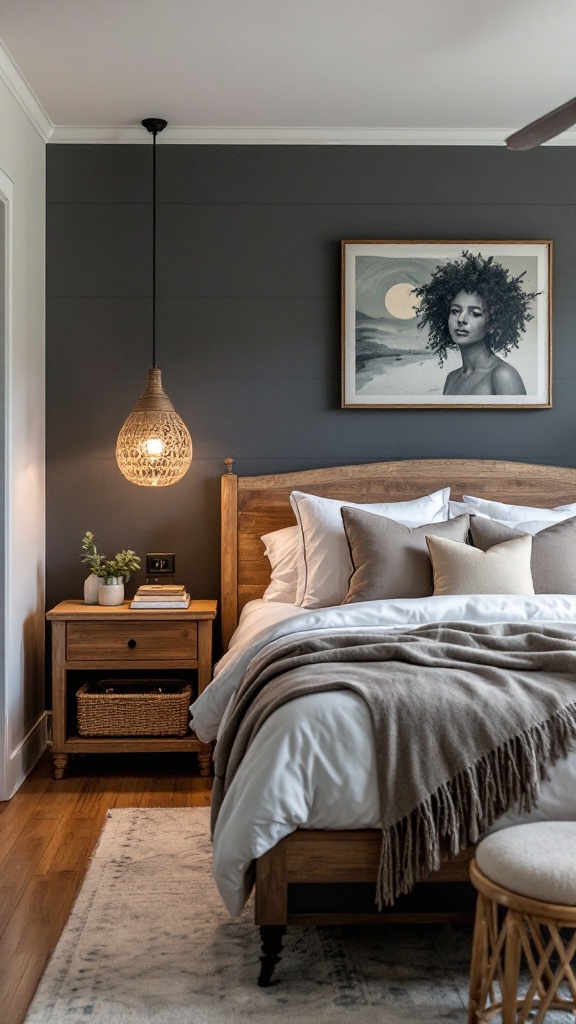 Cozy bedroom with wooden bed, modern gray walls, and stylish decor