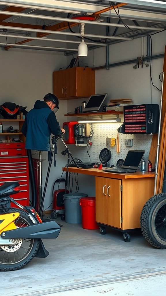 A small garage workshop with a person working at a wooden table surrounded by tools and a motorcycle.