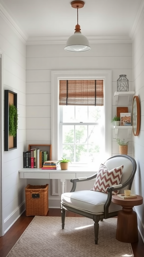 A cozy corner in a modern farmhouse featuring a chair, desk, and plants.