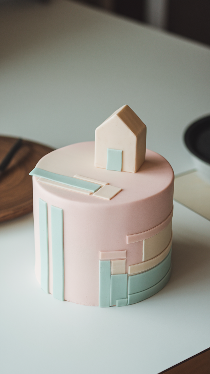 A modern minimalist cake with soft colors and a tiny house decoration