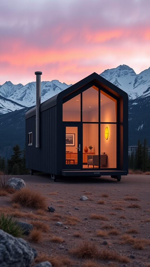 A modern minimalist tiny cabin with large windows, set against a beautiful mountainous backdrop during sunset.