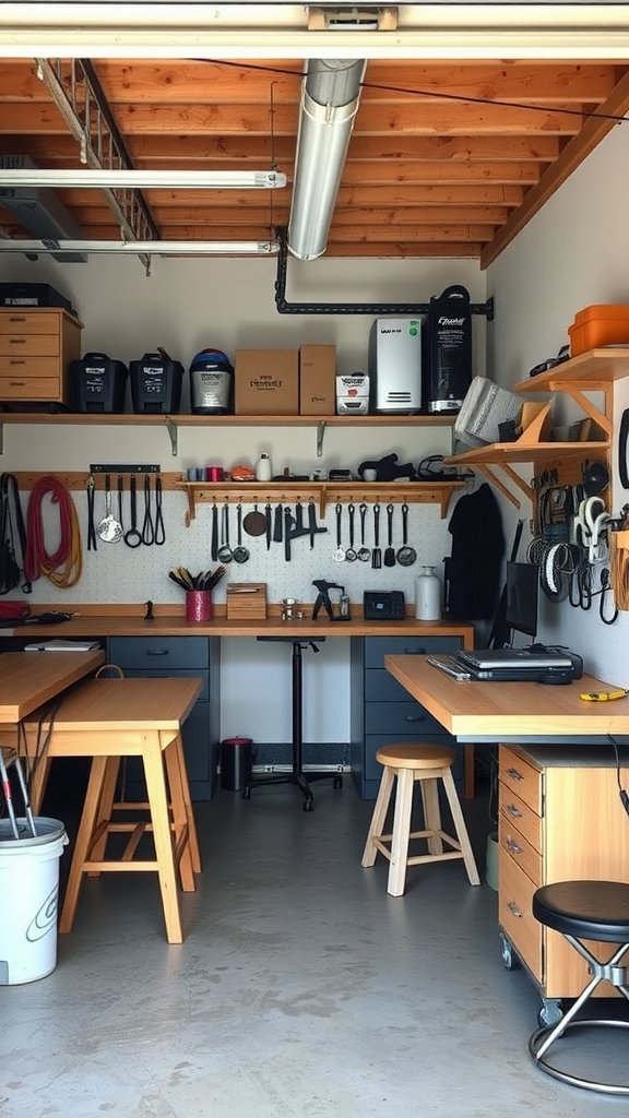 A well-organized tiny garage workshop with multi-functional furniture, featuring workbenches and storage.