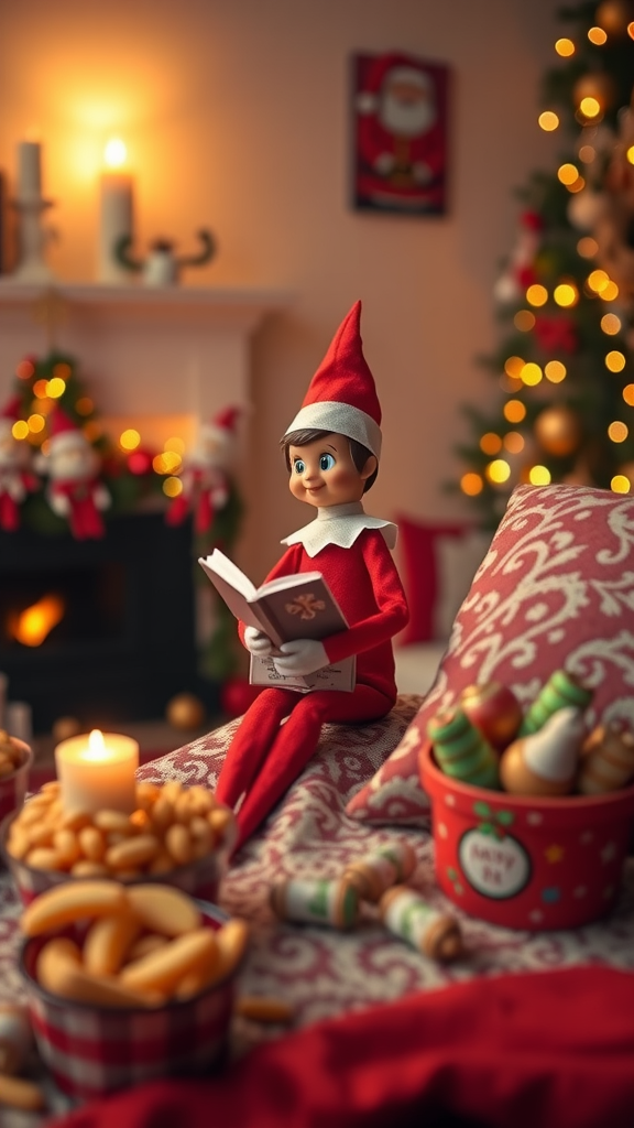 A cozy setup with a doll in a red outfit, candles, and snacks for a movie marathon.