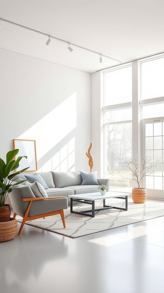 A bright living room with large windows, light furniture, and plants.