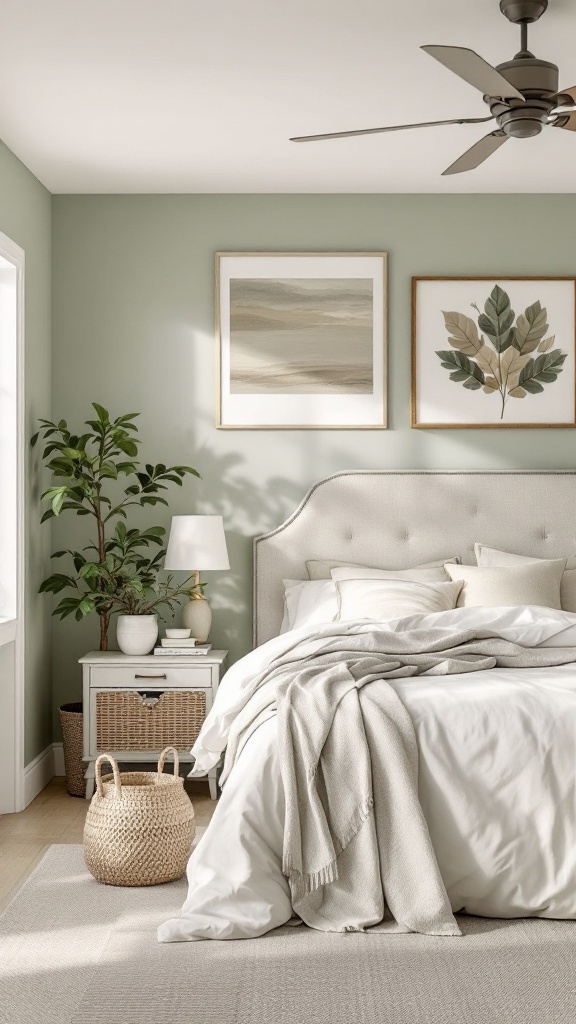 A cozy farmhouse bedroom with soft green walls, neutral bedding, and natural decor.