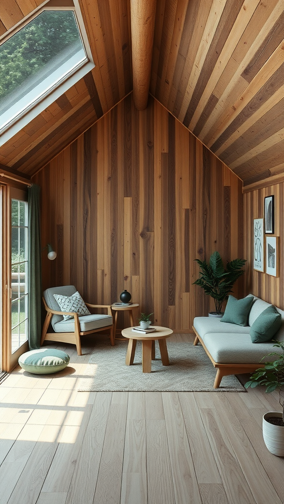 Interior of a modern cabin featuring wood paneling, a cozy sofa, and plants.