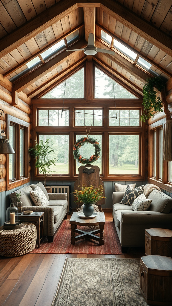 A cozy cabin interior with wooden beams, large windows, and nature-inspired decor.