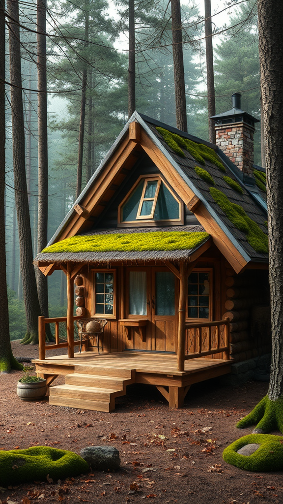 A charming tiny cabin with moss-covered roof and wooden exterior, surrounded by trees.