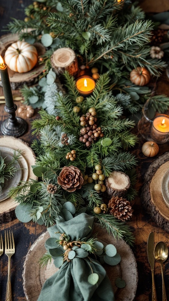 A beautifully arranged Christmas table setting with greenery, candles, and decorative elements.