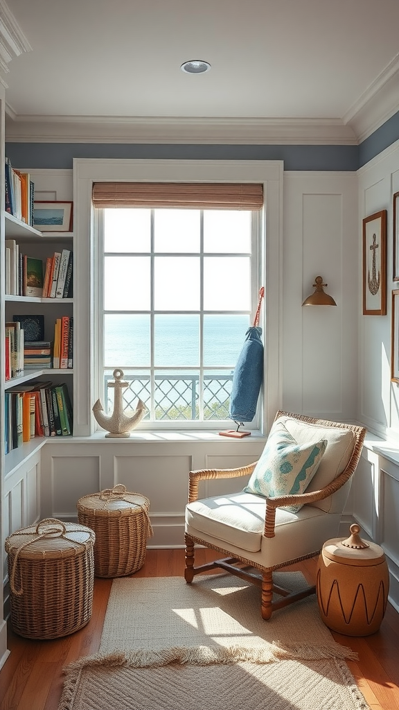 A cozy nautical-themed nook with a chair, bookshelves, and a view of the sea.