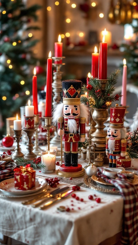 A beautifully decorated Christmas table featuring nutcracker figures, candles, and festive tableware.