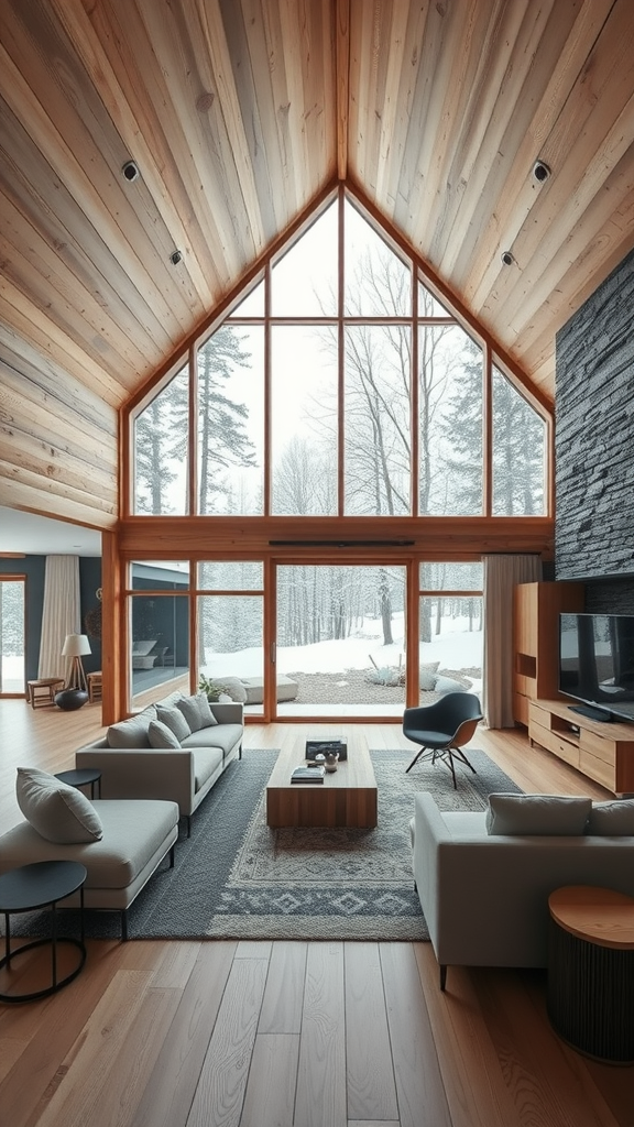 Modern cabin interior with open concept living space and large windows