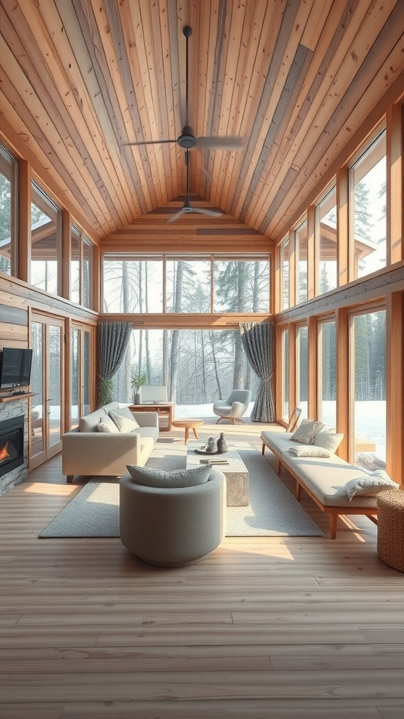 A modern small cabin living space with large windows, wooden interiors, and cozy furniture.