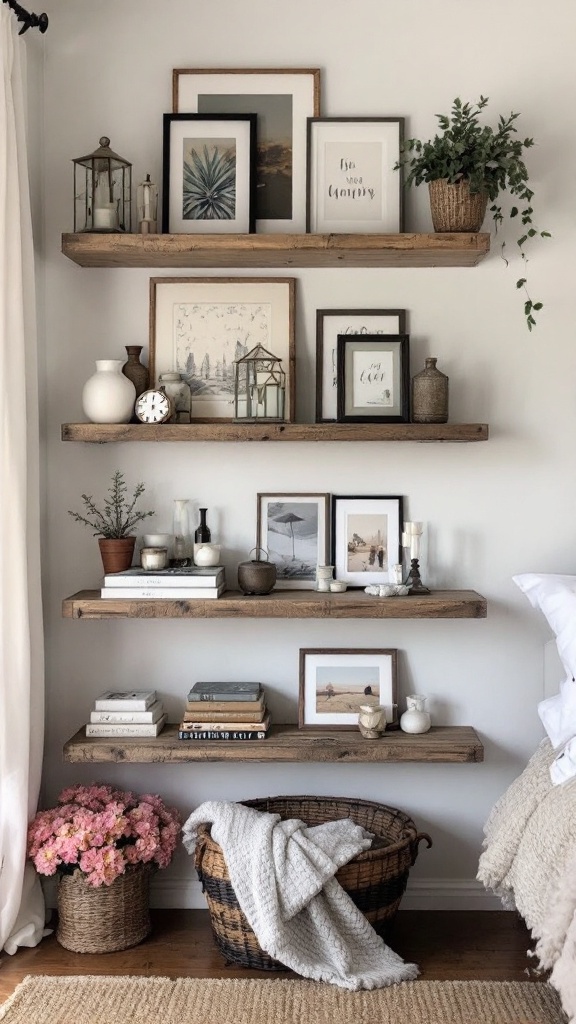 Open wooden shelves displaying framed pictures, plants, and decorative items in a cozy bedroom setting.