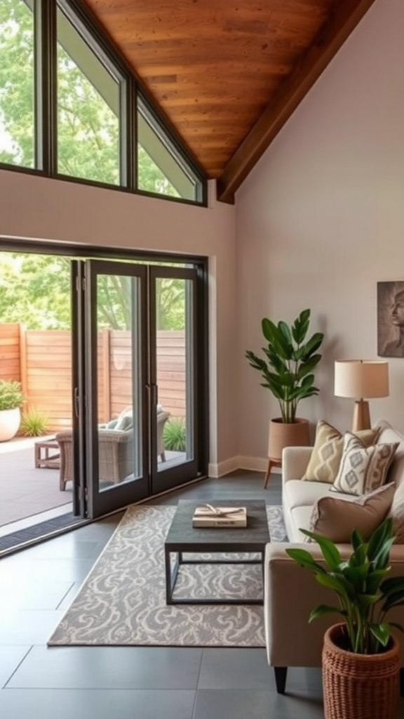 Cozy indoor living space with large windows opening to an outdoor area.