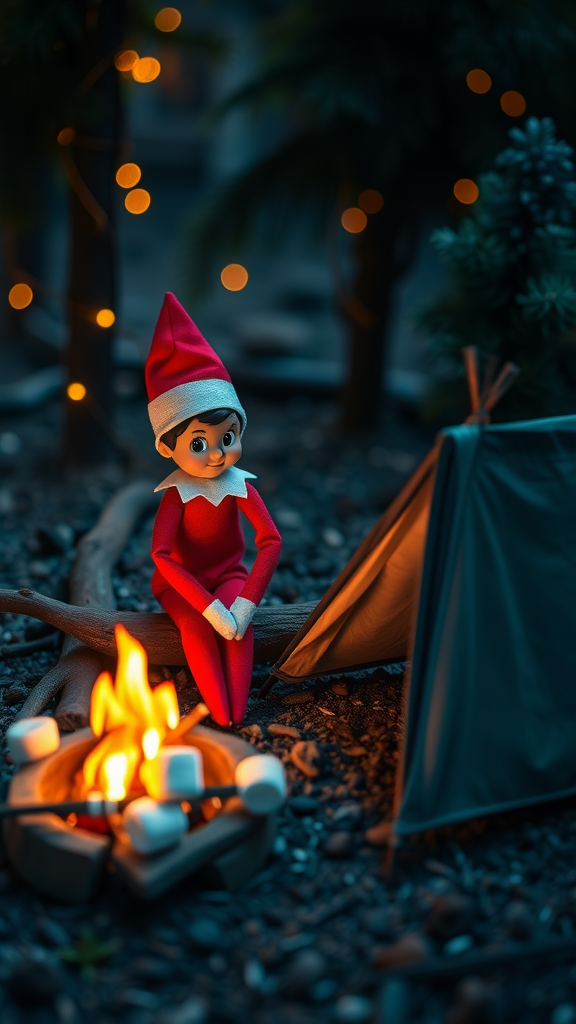 A charming elf doll sitting by a campfire with a tent in the background.