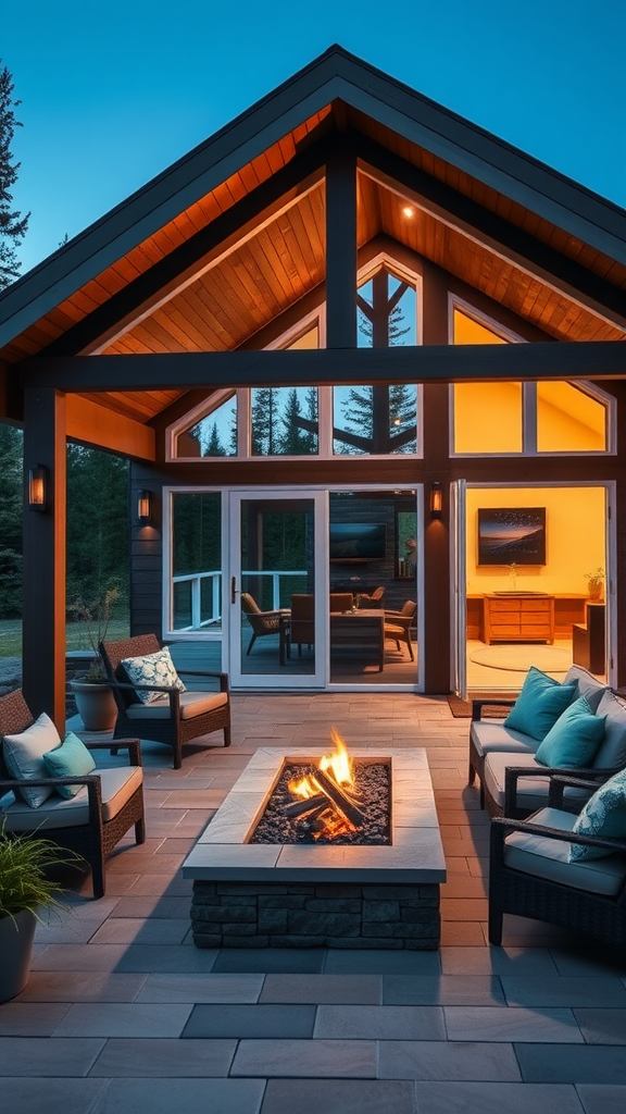 Outdoor living area with a fire pit and modern cabin architecture